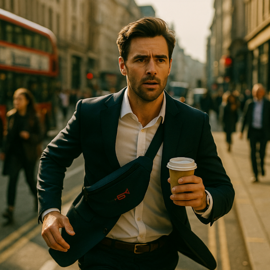 Man in a suit holding a coffee cup on a city street