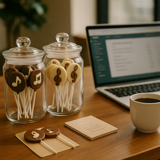 Cookies with musical notes in jars on a desk next to a laptop and coffee cup.