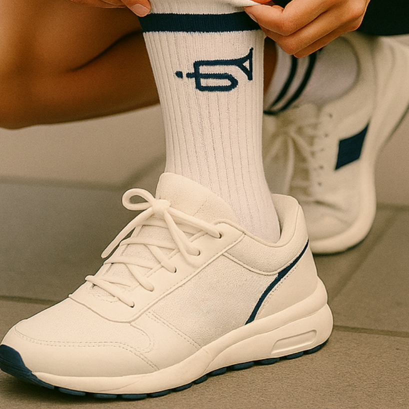 White sneakers with blue accents worn by a person on a tiled floor.